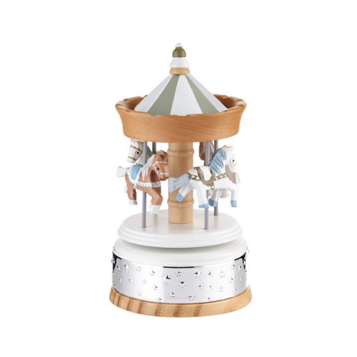 Carillon giostra con cavalli in legno naturale e fascia argento laminato