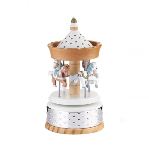 Carillon giostra con cavalli in legno naturale e fascia argento laminato con cuoricini