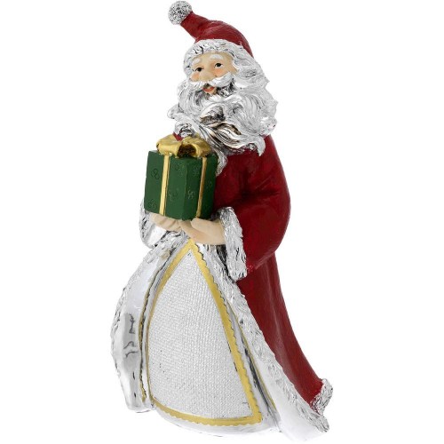 Figura decorativa di Babbo Natale Bagutta h21 con pacco regalo verde e dettagli in argento e rosso
