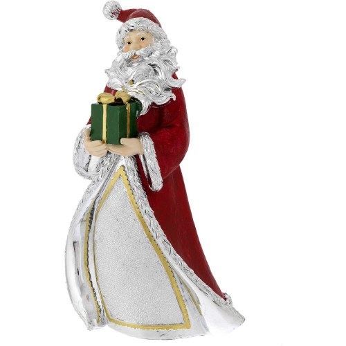 Statuina decorativa di Babbo Natale Bagutta con regalo, in resina rossa e dettagli argentati e dorati.