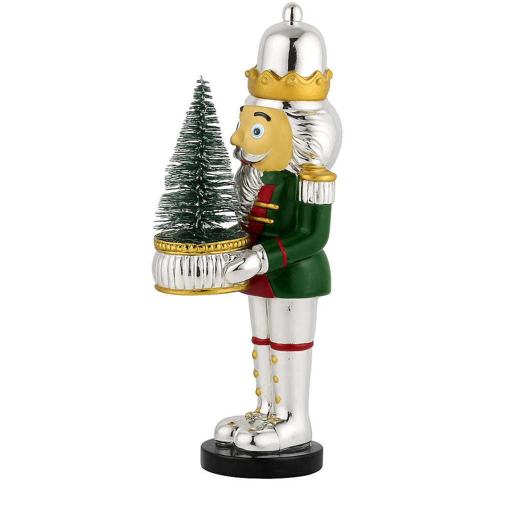 Schiaccianoci natalizio Bagutta verde con dettagli argento e oro, raffigurato mentre sorregge un albero di Natale