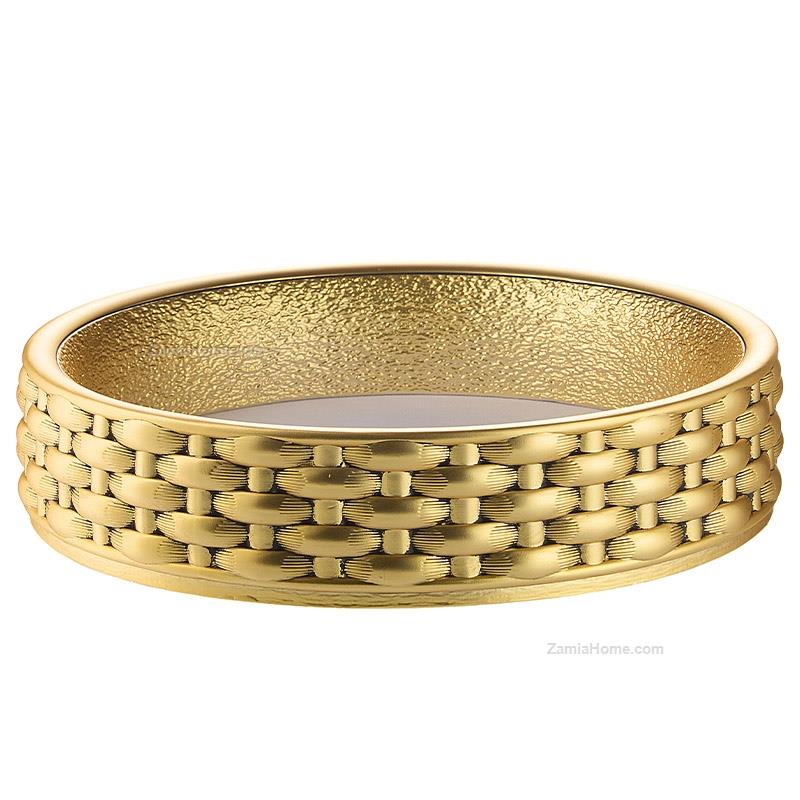 Svuotatasche Valenti & Co. codice VLR18411/ORO della collezione Vimini, realizzato in resina decorata con elegante finitura oro e lavorazione effetto intreccio, diametro 21 cm.